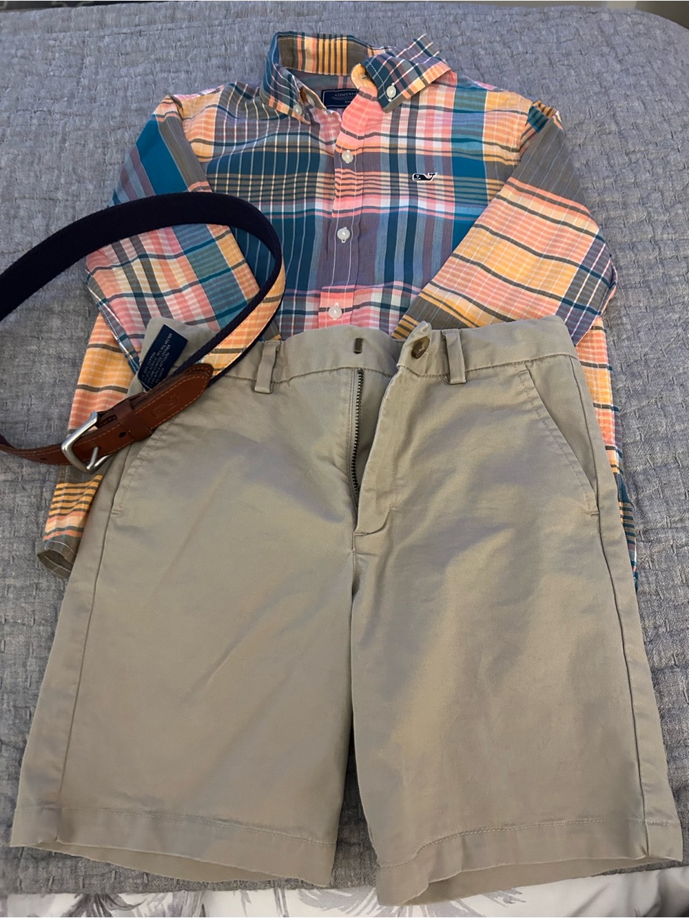 Boys’ Vineyard Vines spring plaid shirt, matching plaid belt and short set
